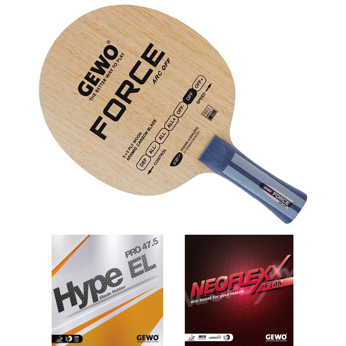 GEWO Schläger: Holz Force ARC  mit Hype EL Pro 47.5 + Neoflexx eFT48  konkav