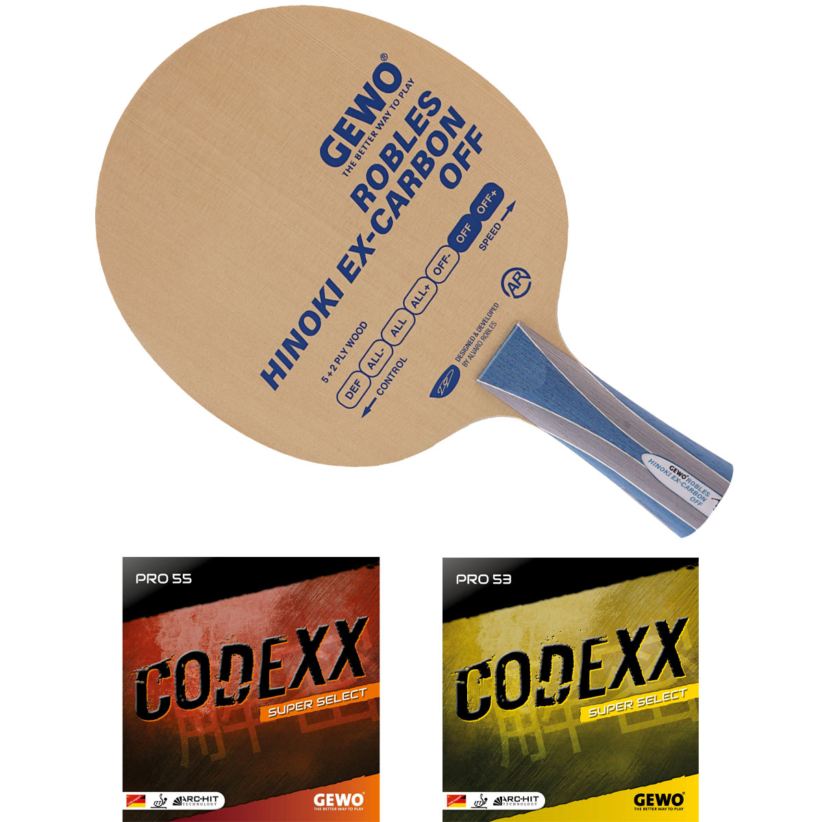 GEWO Schläger: Holz Robles Hinoki mit Codexx Pro55 SupSel + Codexx Pro53 SupSel  konkav